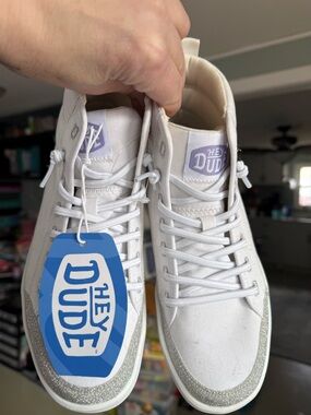 Hey Dude White High-Top Sneakers with Silver Glitter Accent